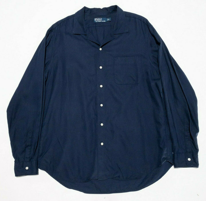 Polo Ralph Lauren Silk Linen Blend Navy Blue Long Sleeve Camp Shirt Men's Large