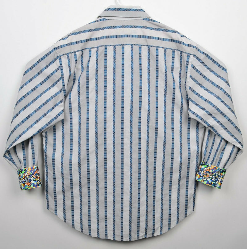 Robert Graham Men's XL Flip Cuff Gray Blue Striped Colorful Button-Front Shirt