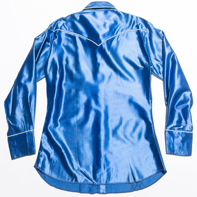 H Bar C Pearl Snap Shirt Men's 15 Smile Pocket Silk Satin Style Blue Vintage 70s