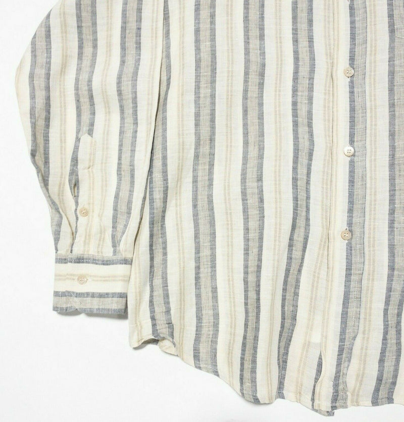 Zanella Linen Shirt Men's Large White Gray Striped Long Sleeve Button-Front