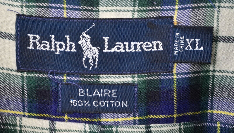 Polo Ralph Lauren Men's XL Navy Blue Green Plaid "Blaire" Button-Down Shirt