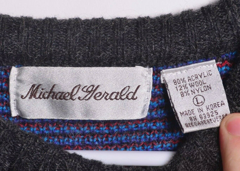 Vintage 80s Michael Gerald Men's Large Aztec Wool Blend Blue Pullover Sweater