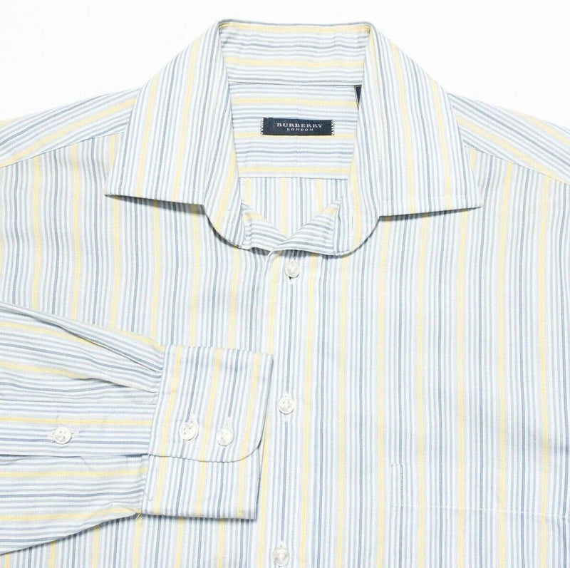 Burberry London Men's Dress Shirt 15 (Medium) Blue Yellow Striped Vintage USA