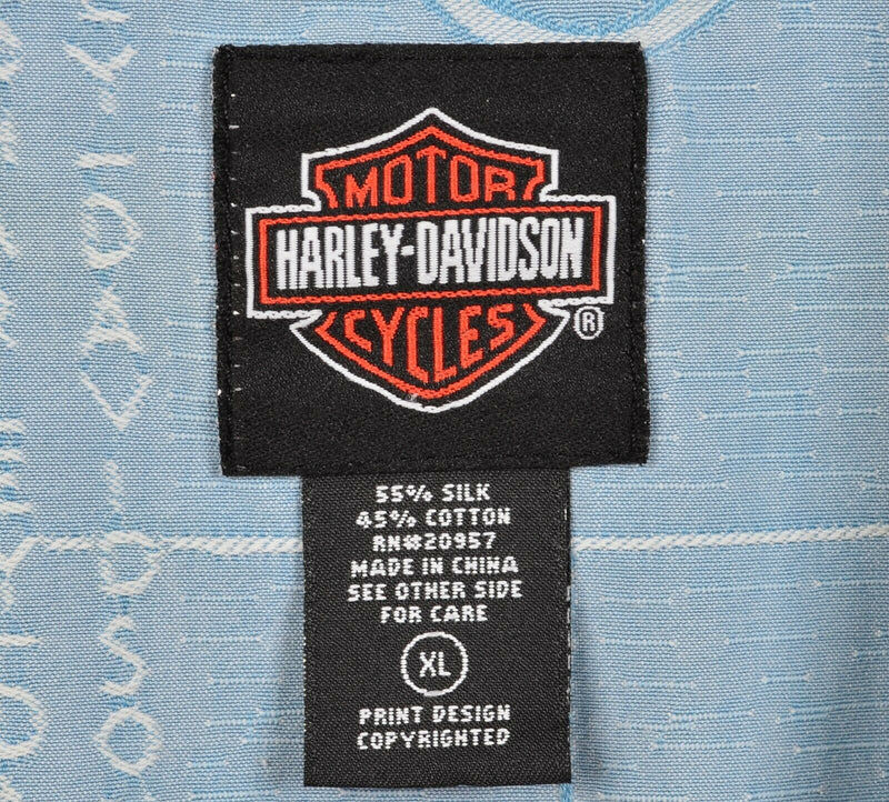 Harley-Davidson Men XL Blue Silk Blend Textured Motorcycle Biker Hawaiian Shirt