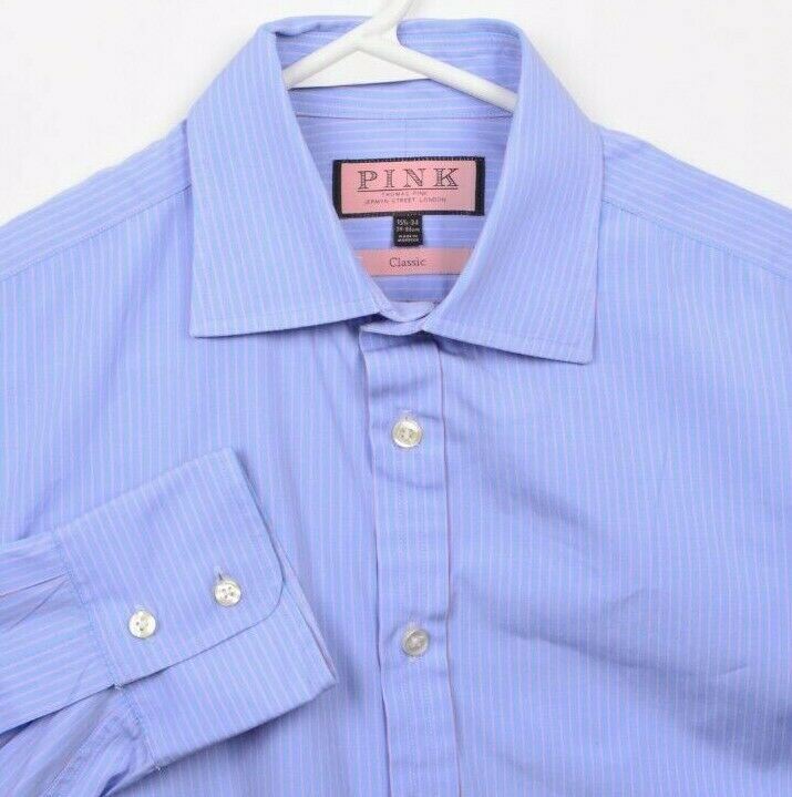 Thomas Pink Classic Men's 15.5-34 Blue Striped Button-Front Dress Shirt