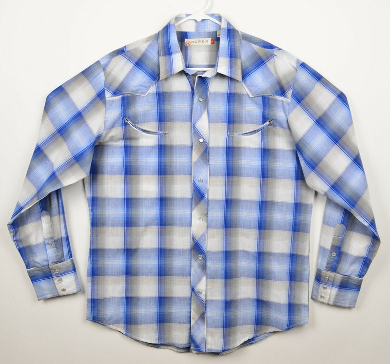 Roper Men's Sz Large Pearl Snap Smile Pocket Blue Plaid Western Shirt