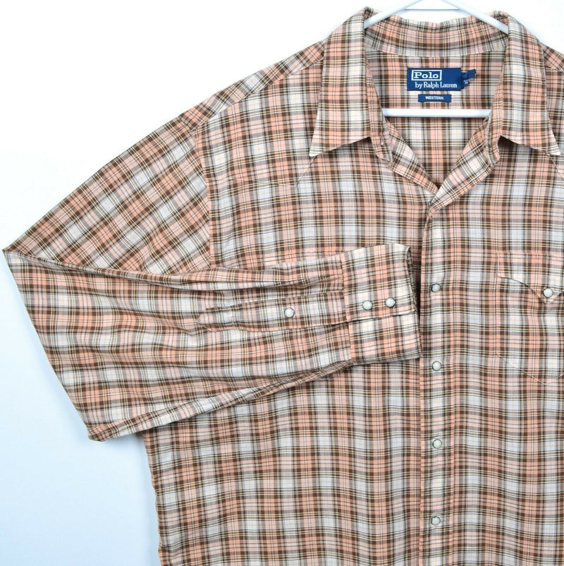Polo Ralph Lauren Men's 2XL Pearl Snap Western Brown Plaid Long Sleeve Shirt