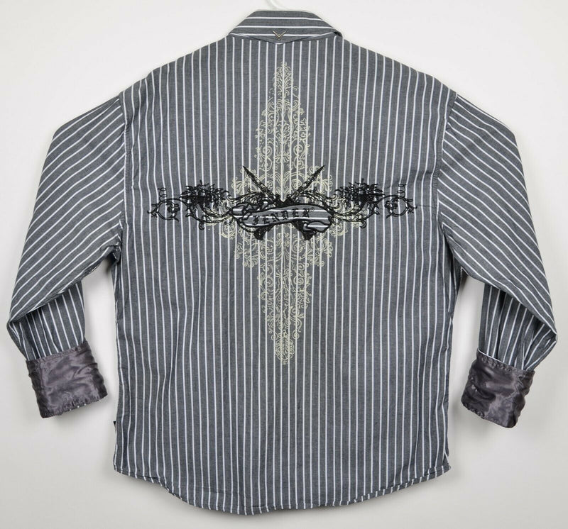 Fender Men's XL Flip Cuff Gray Striped Embroidered Rock & Roll Religion Shirt