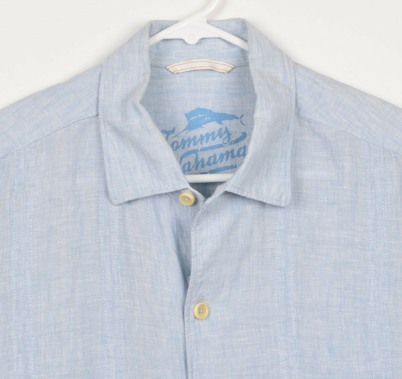 Tommy Bahama Men's Sz Large 100% Linen Blue Cuban Embroidered Camp Shirt