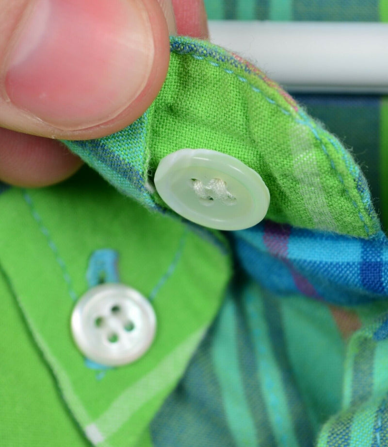 J. Peterman Men's Large Green Blue Tartan Plaid Long Sleeve Button-Down Shirt