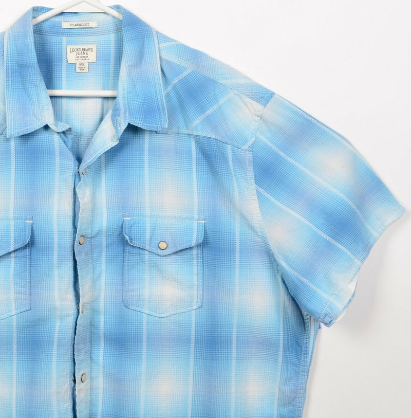 Lucky Brand Jeans Men's 2XL Classic Fit Pearl Snap Blue Plaid Western Shirt