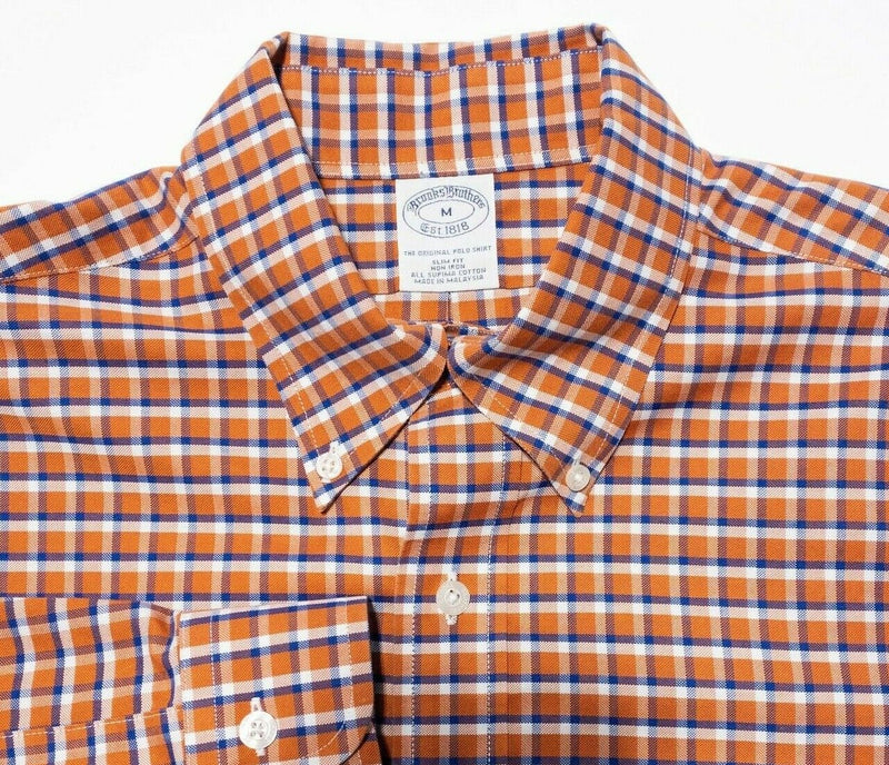 Brooks Brothers Non-Iron Button-Down Shirt Orange Plaid Men's Medium Slim Fit