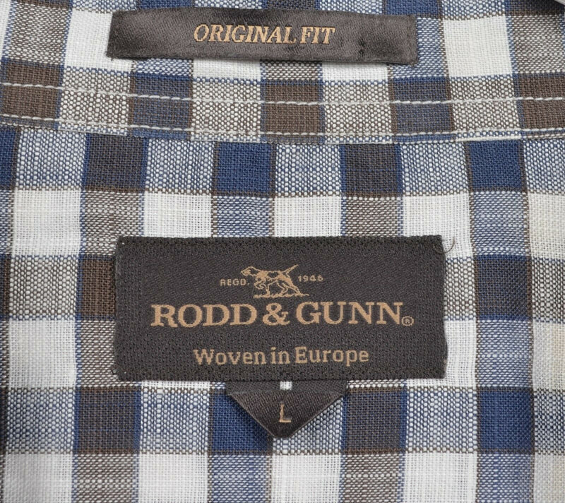 Rodd & Gunn Men's Large Original Linen Blend Blue Brown Check Button-Front Shirt