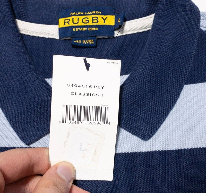 Ralph Lauren Rugby Polo Shirt Large Men's Blue Navy Striped Short Sleeve Crown