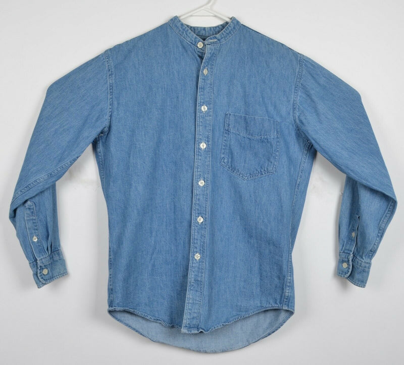 Vintage 90s J. Crew Men's XS Denim Blue Band Collar USA Button-Front Shirt