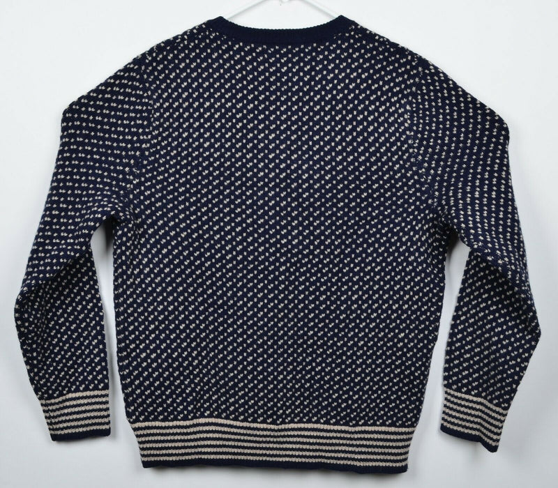 J. Crew Men's Sz Large 100% Lambswool Nordic Fisherman Navy Blue Grid Sweater