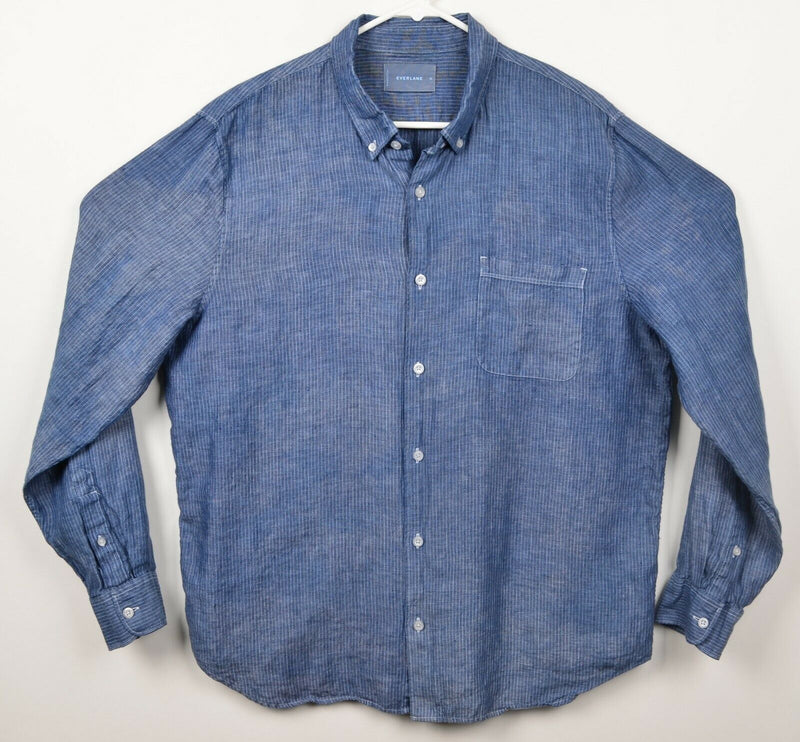 Everlane Men's Sz XL 100% Linen Blue Striped Distressed Button-Down Shirt