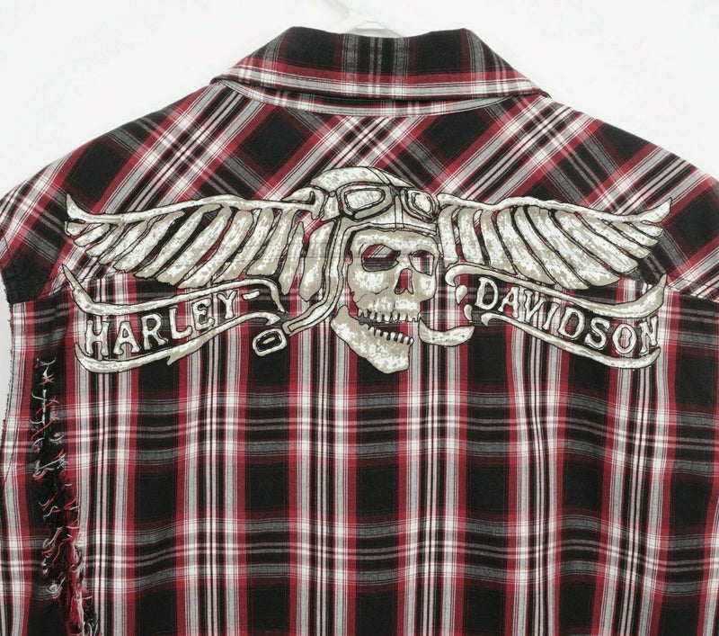 Harley-Davidson Men's Small Winged Skull Red Plaid Sleeveless Cutoff Biker Shirt