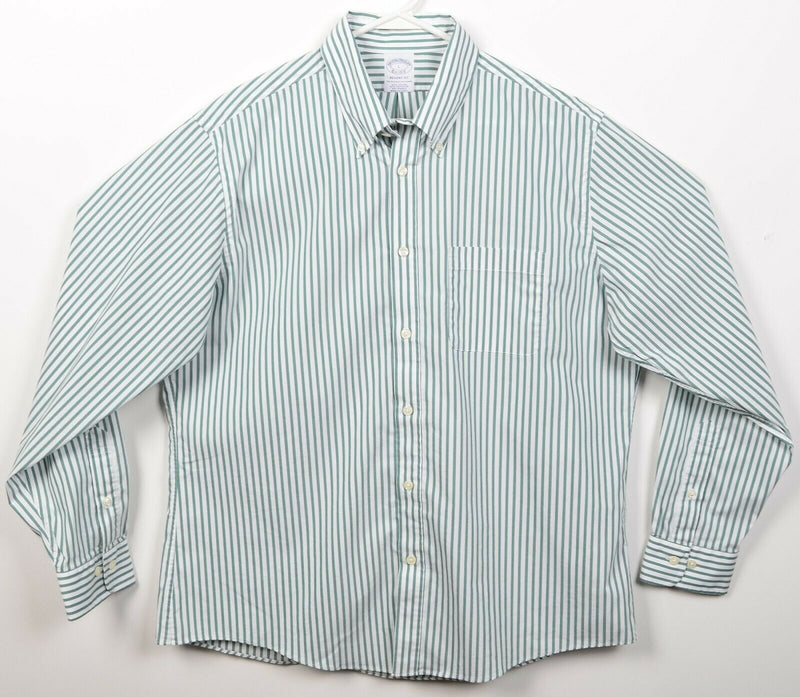 Brooks Brothers Men's Large Regent Fit Green Striped Cotton Blend Button Shirt