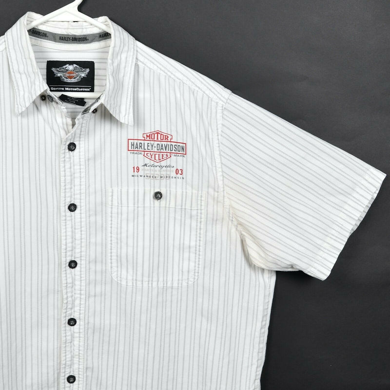 Harley-Davidson Men's Large White Striped Logo Print Garage Mechanic Biker Shirt