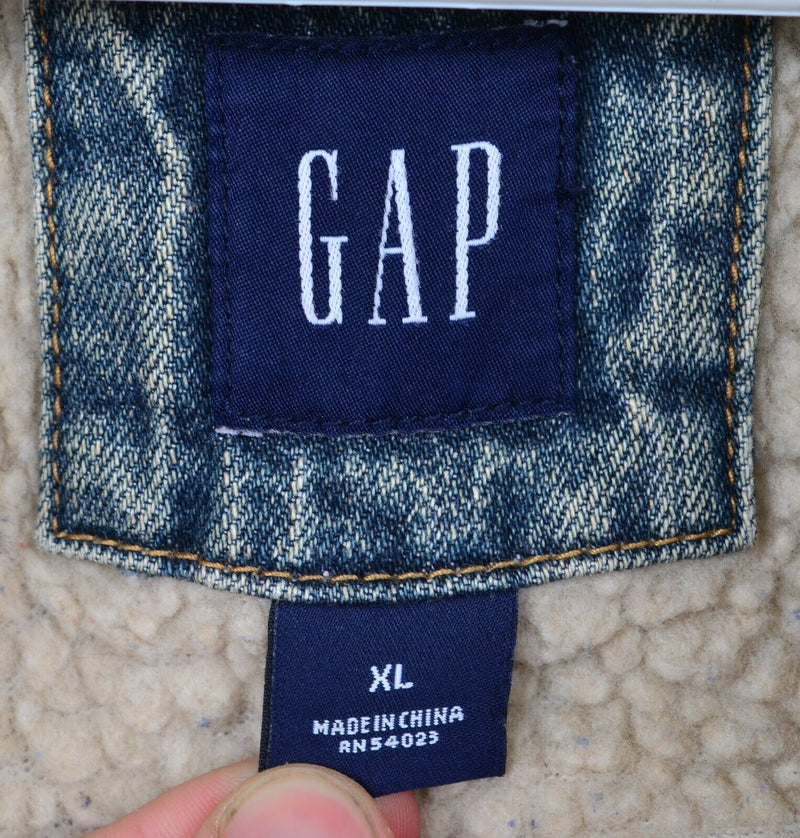 Gap Men's XL Denim Sherpa Lined Blue Jean Worn Collared Trucker Jacket