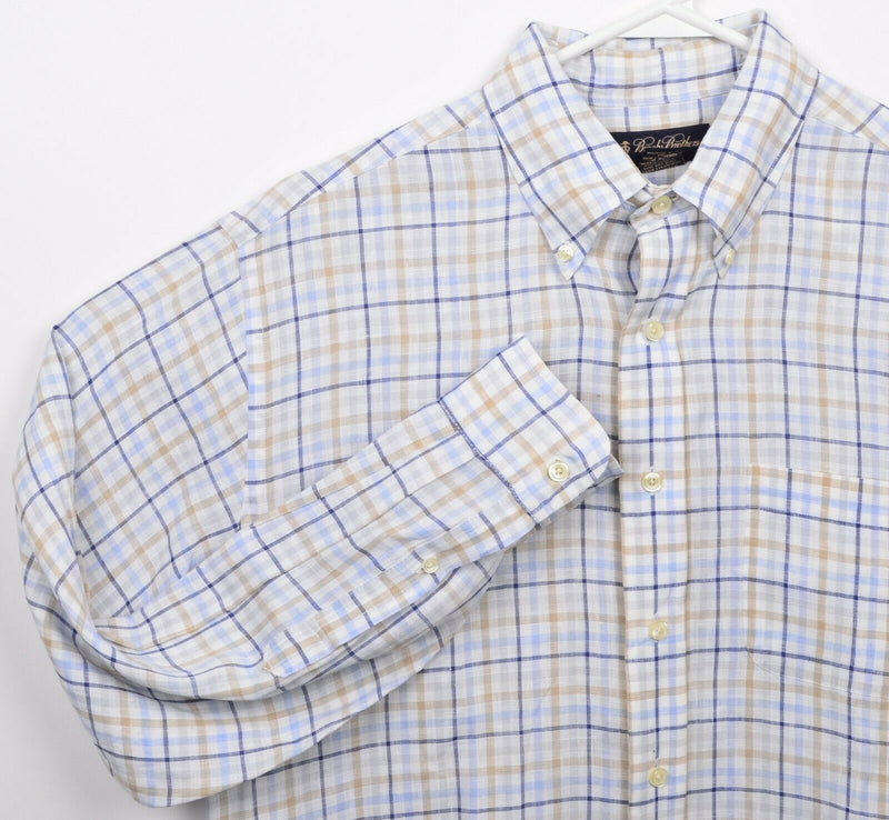 Brooks Brothers Men's Large Irish Linen White Blue Plaid Button-Down Shirt