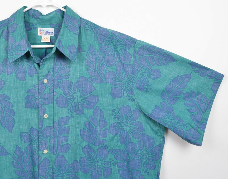 Reyn Spooner Men's Sz 2XL Blue Green Floral Button-Front Hawaiian Aloha Shirt