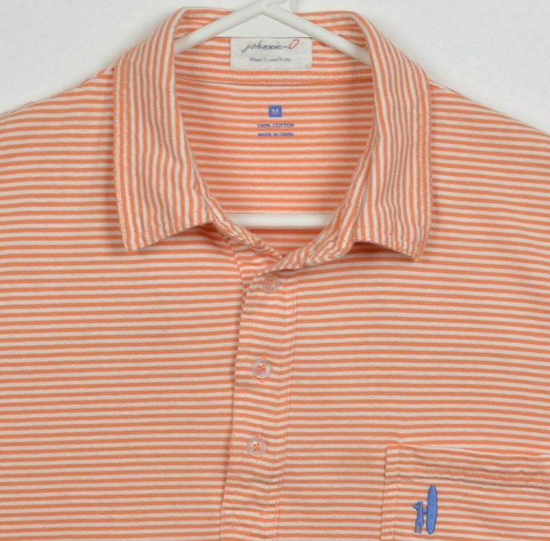 Johnnie-O Men's Medium Orange White Striped Surfer Logo Preppy Pocket Polo Shirt