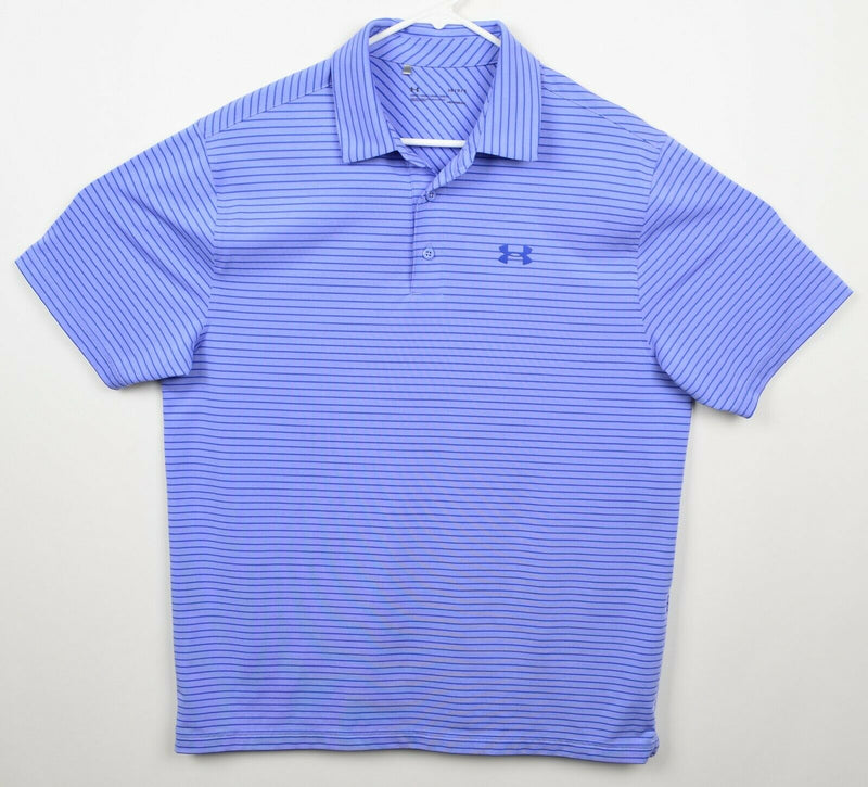 Under Armor Men's Sz Large Loose Purple Blue Striped HeatGear Golf Polo Shirt