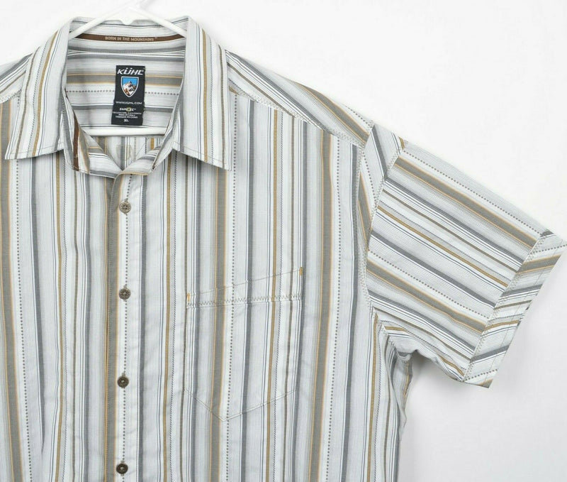 Kuhl Men's Sz XL Suncel White Gray Striped Short Sleeve Hiking Outdoors Shirt