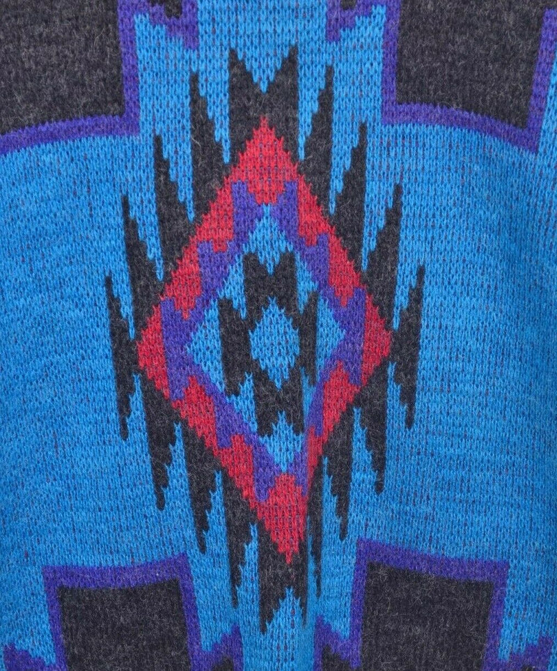 Vintage 80s Michael Gerald Men's Large Aztec Wool Blend Blue Pullover Sweater