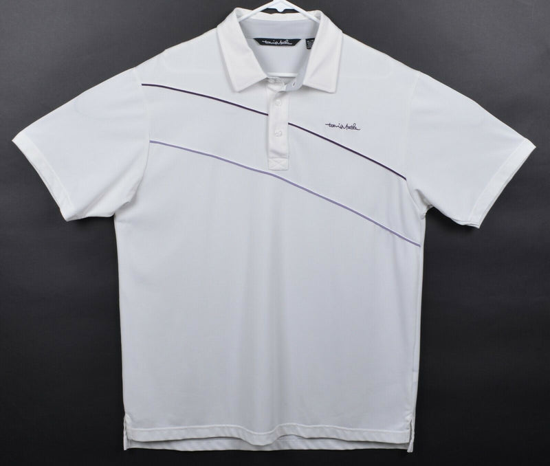 Travis Mathew Men's Sz XL White Purple Striped Logo Polyester Golf Polo Shirt