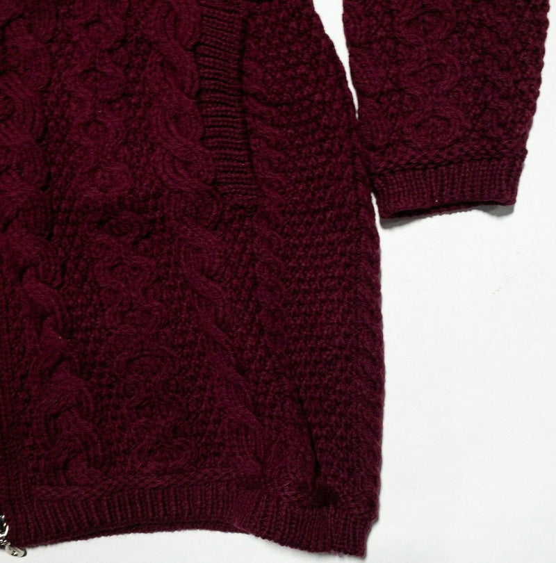 Aran Sweater Market Women's Medium 100% Merino Wool Maroon Red Full Zip Sweater