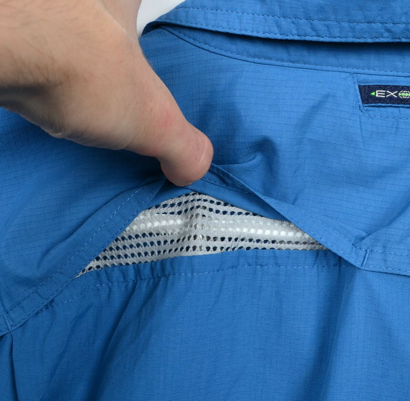 ExOfficio Men's 2XL Vented Zip Pocket Solid Blue Fish Travel Button-Front Shirt