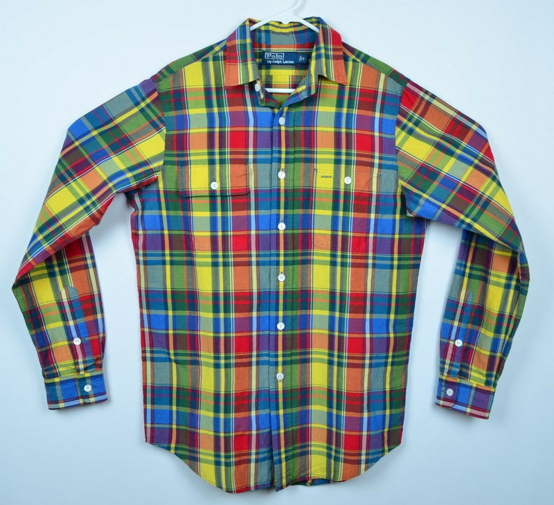 Polo Ralph Lauren Men's Small Linen Silk Blend Colorful Plaid Yellow Red Shirt