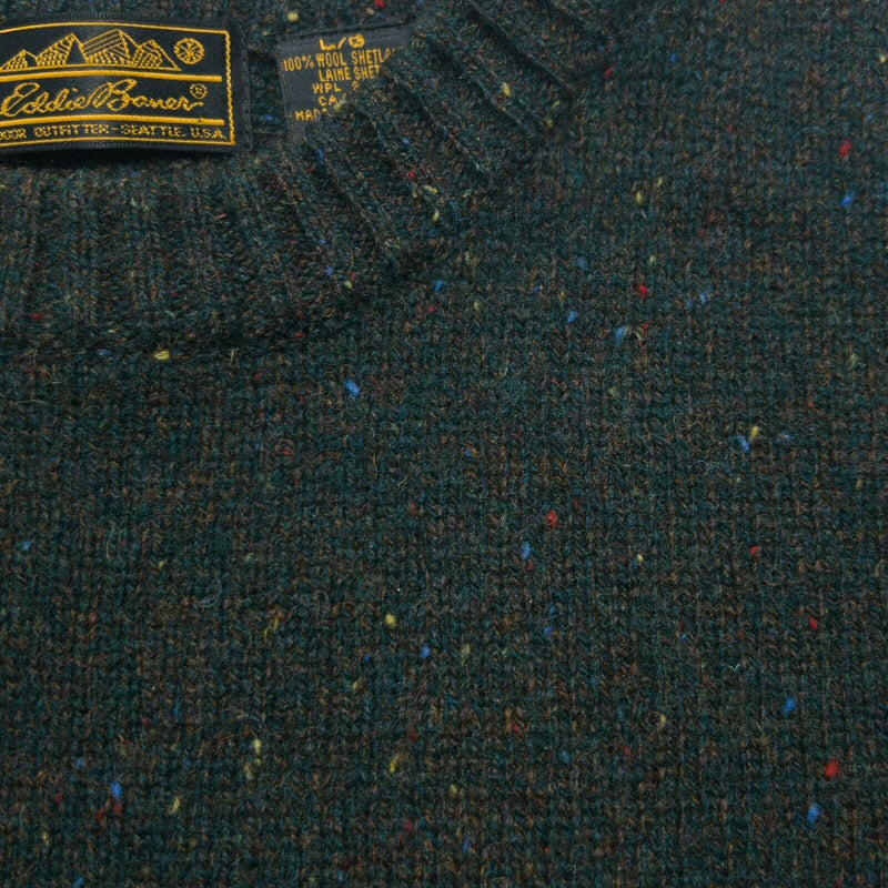Eddie Bauer Men's Large Shetland Wool Green Speckled Knit Crew Neck Sweater