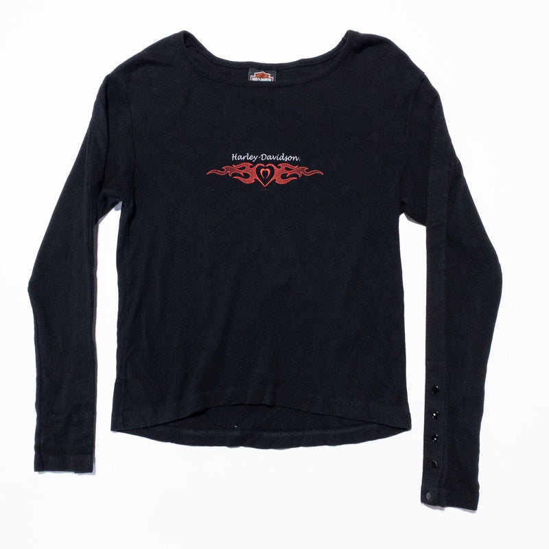 Harley-Davidson Heart T-Shirt Womens Large Y2K Long Sleeve Flame Rose Logo Black