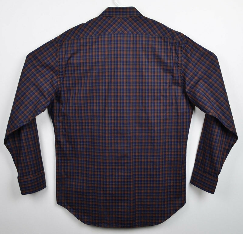 Billy Reid Men's XL Standard Cut Navy Blue Brown Plaid Check Button-Front Shirt