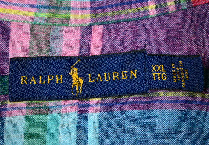 Polo Ralph Lauren Men's 2XL 100% Linen Multi-Color Plaid Indian Madras Shirt