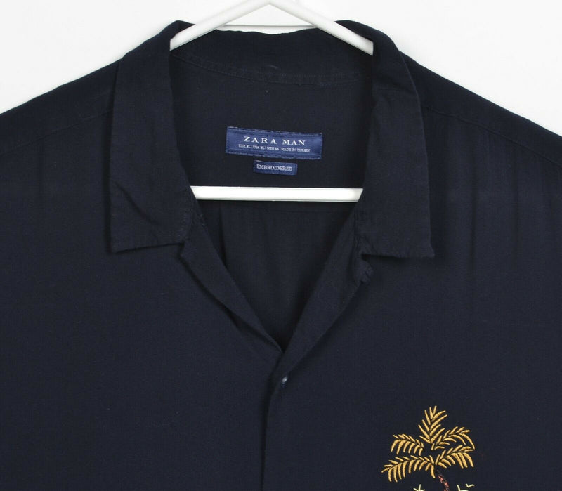 Zara Men's XL Okinawa Beach Navy Blue Viscose Embroidered Hawaiian Camp Shirt