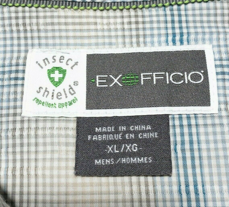 ExOfficio Insect Shield Button-Front Shirt Hiking Travel Blue Gray Plaid Men XL