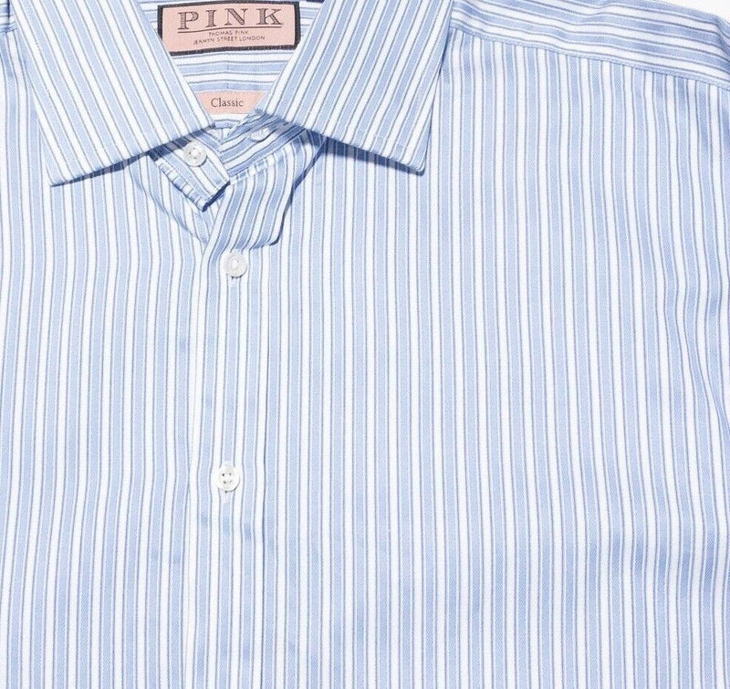 Thomas Pink French Cuff 16-36.5 Classic Men's Shirt Blue Striped Long Sleeve