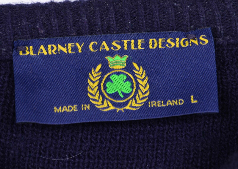 Blarney Castle Men's Large Embroidered Shamrock Navy Irish Crewneck Sweater