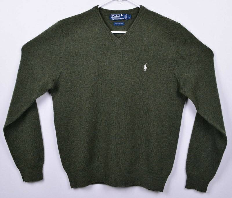 Polo Ralph Lauren Men's Large 100% Lambswool Olive Green V-Neck Pullover Sweater