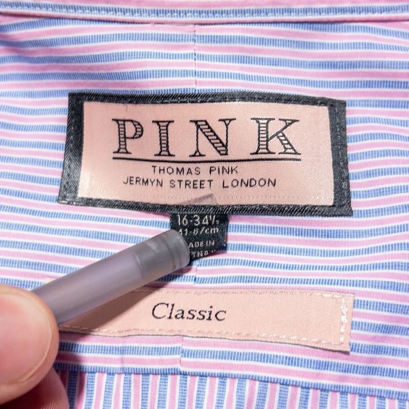 Thomas Pink Dress Shirt 16 Men's Pink Blue Striped Spread Collar Long Sleeve