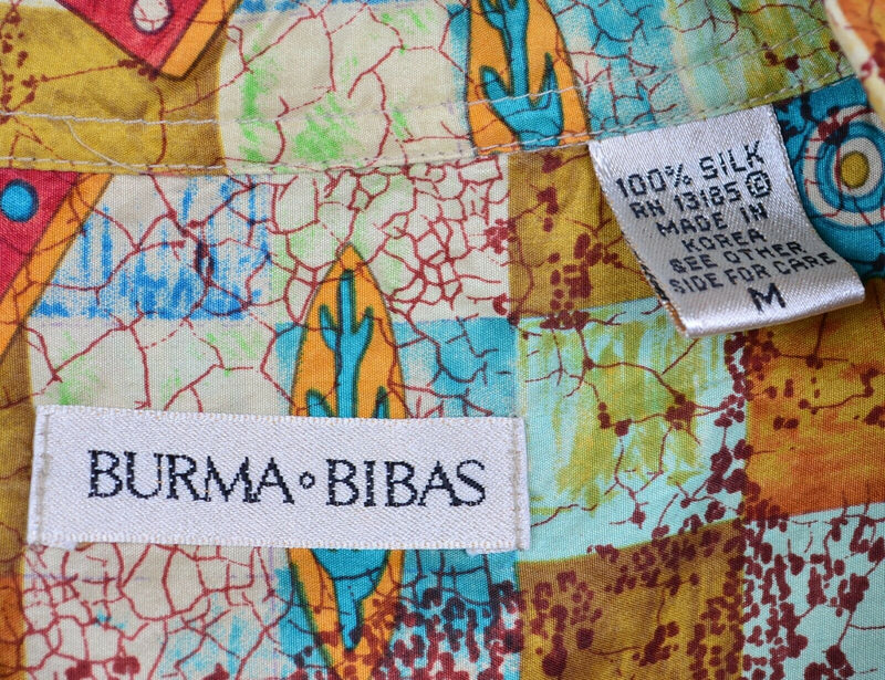 Vtg Burma Bibas Men's Sz Medium 100% Silk Multicolor Puzzle Style Camp Shirt