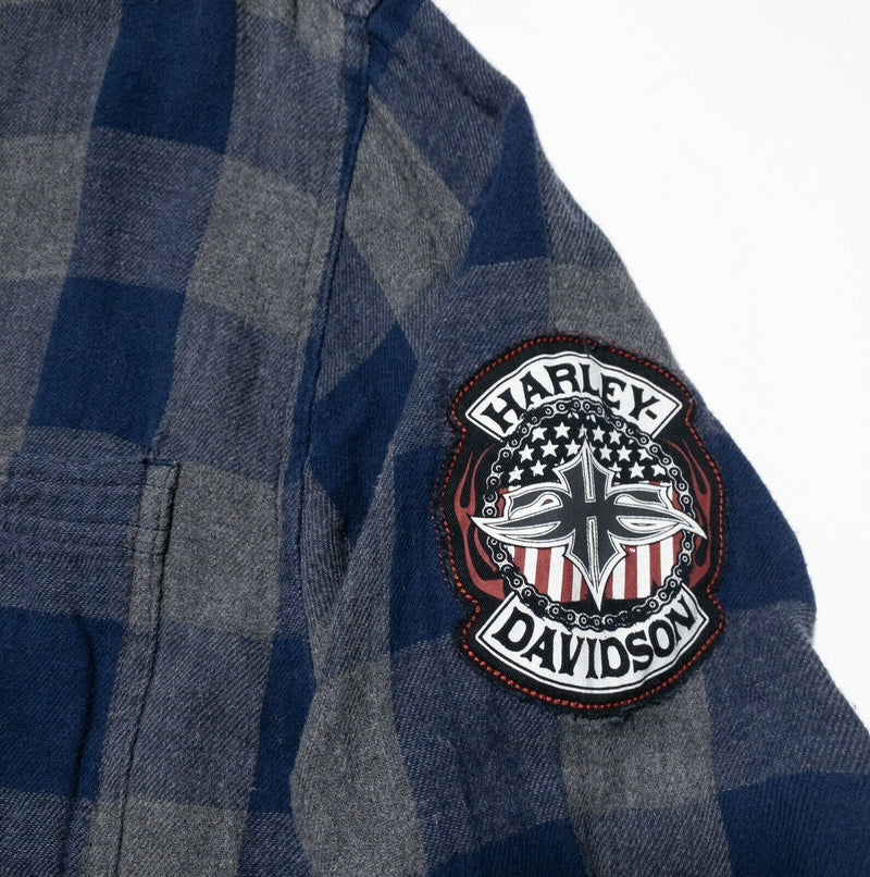 Harley-Davidson Flannel Shirt Blue Gray Plaid Biker Garage Chrome USA Men's XL