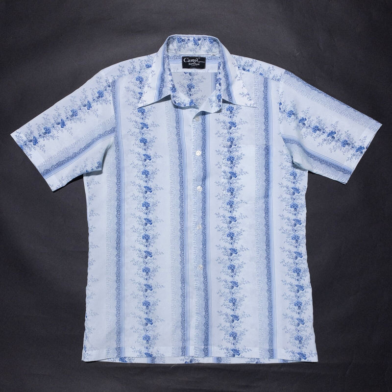 Vintage 70s Floral Disco Shirt Men's 16 (Large) White Blue Camel Short Sleeve