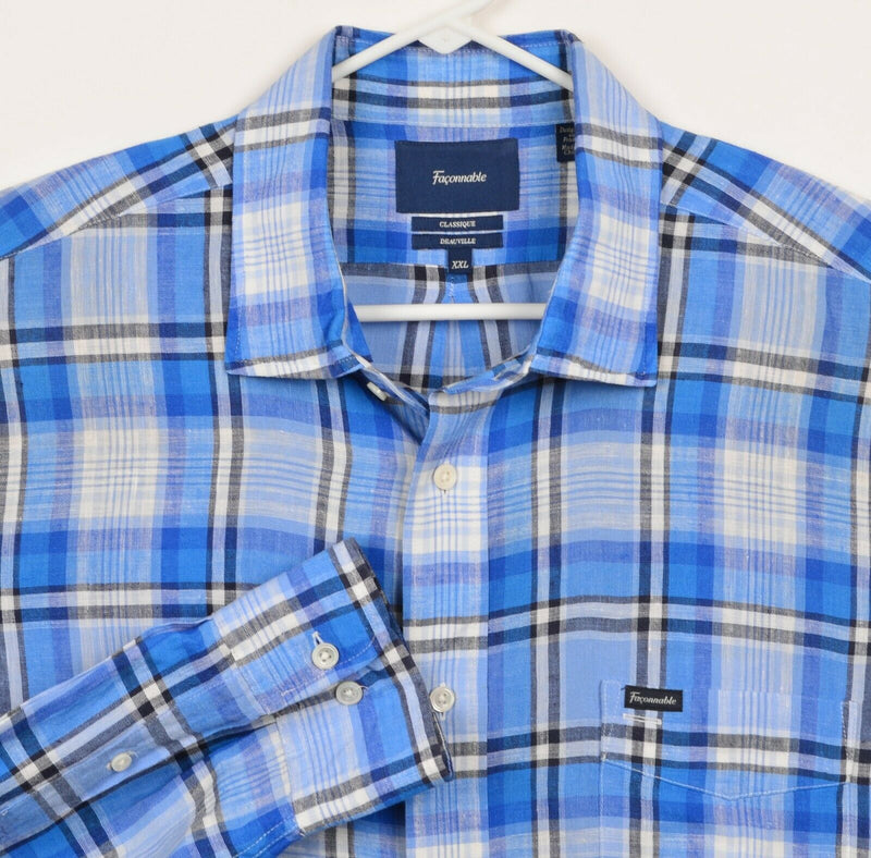 Faconnable Men's Sz 2XL 100% Linen Classique Deauville Blue Plaid Shirt