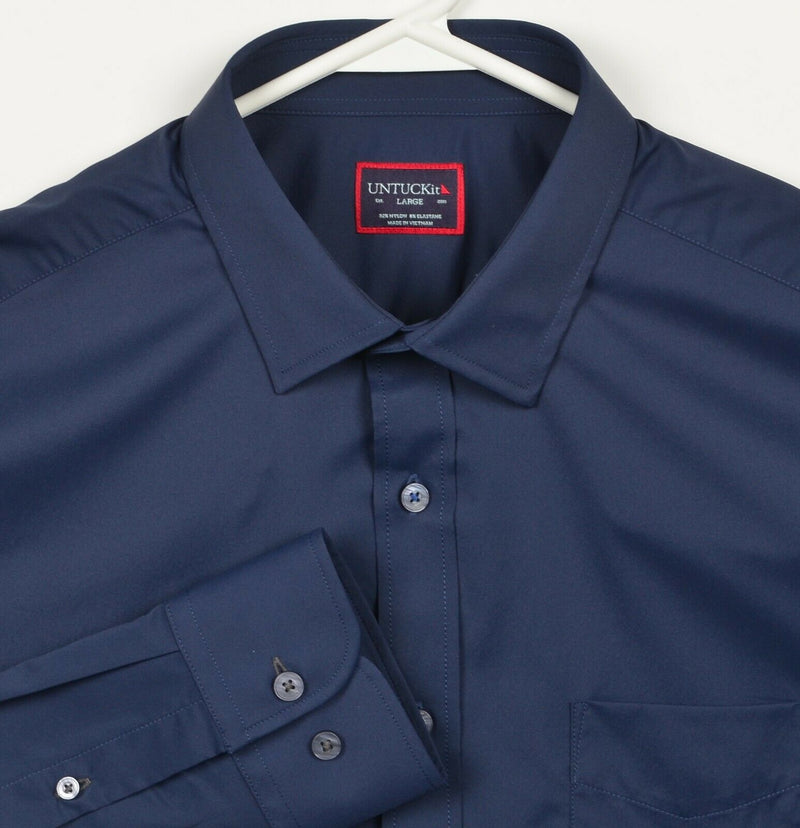 UNTUCKit Men's Large Nylon Wicking Solid Navy Blue Button Performance Shirt